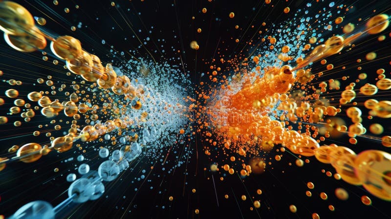 A drawing of a particle collision showing particles moving in both directions simultaneously representing the idea of stock images