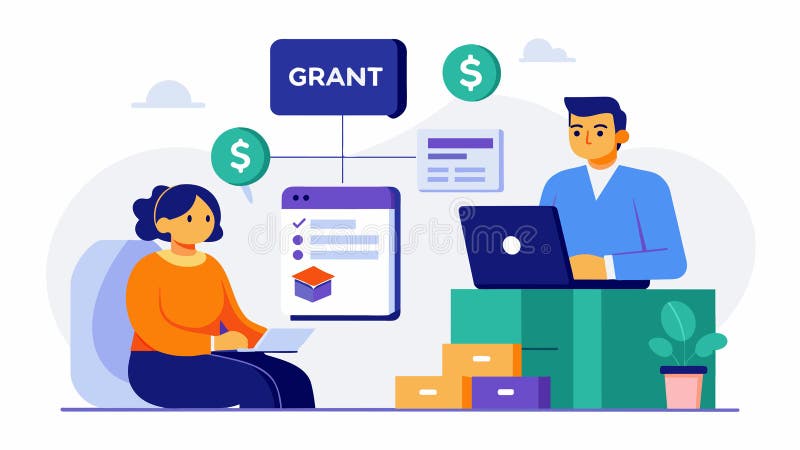 Drawing of a person sitting in front of a computer with a cube labeled Grant on the screen while another person is vector illustration