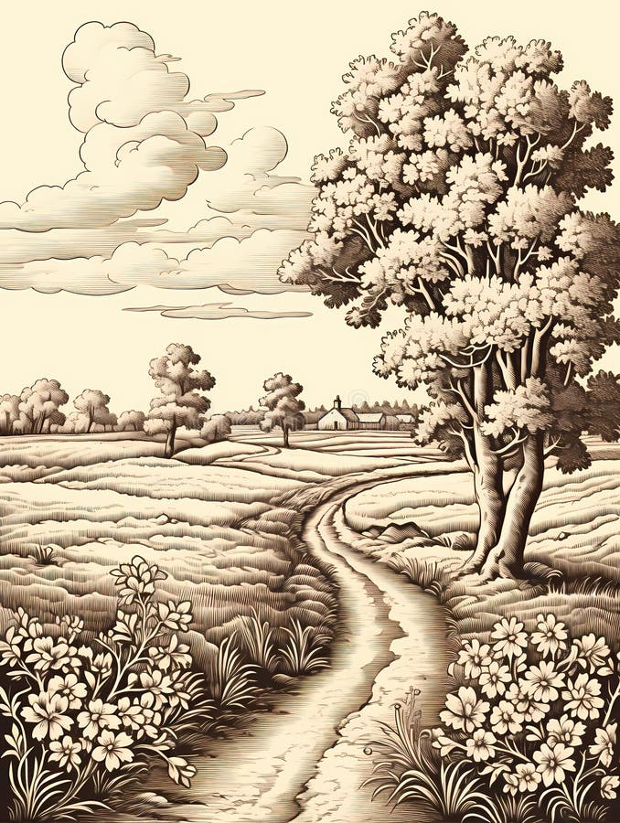 A Drawing Of A Road Through A Field, Illustration of a flower meadow in spring stock illustration