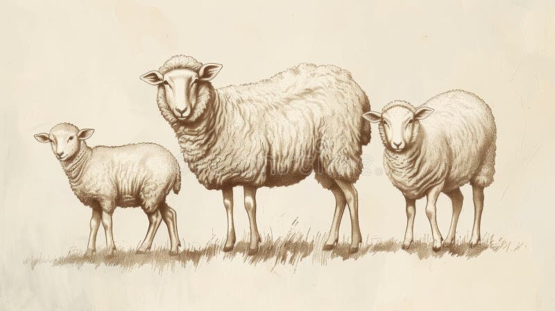 A drawing of a sheep and two lambs standing in the grass, AI. Goat black white cartoon stock images, royalty-free photos and pictures