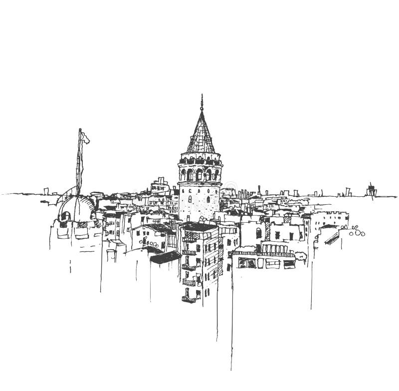 Drawing sketch illustration of the Galata Tower, Istanbul
