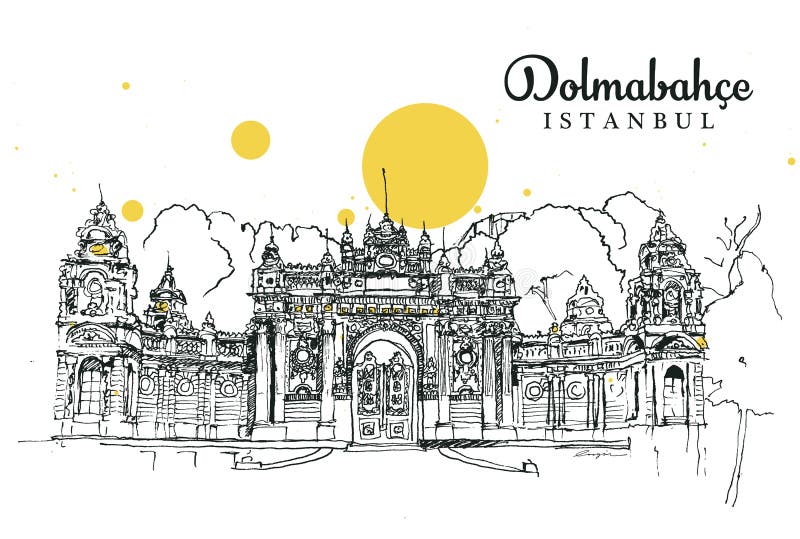 Drawing sketch illustration of Dolmabahce, Istanbul