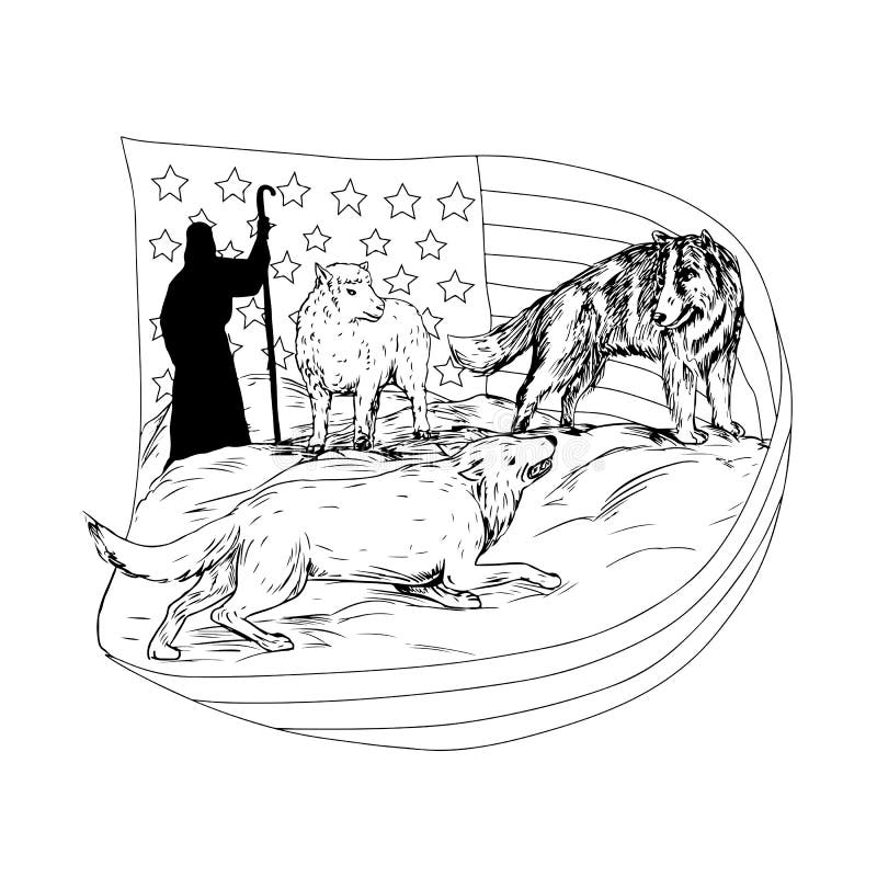 Drawing sketch style illustration of a sheepdog or border collie defend a lamb from being attacked and preyed on by lamb with American stars and stripes flag and shepherd in bakcground. Drawing sketch style illustration of a sheepdog or border collie defend a lamb from being attacked and preyed on by lamb with American stars and stripes flag and shepherd in bakcground.