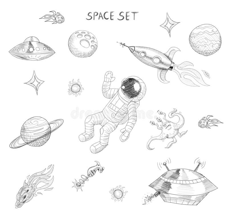 Drawing of space objects: astronaut, alien, ufo, spaceship, comet, planets and stars. stock illustration