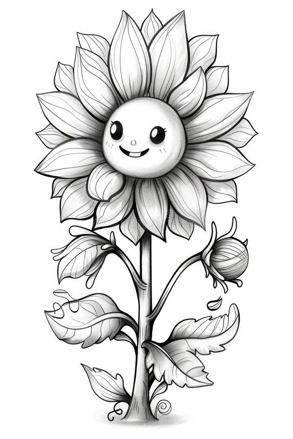 A Drawing of a Sunflower with a Smiley Face, Coloring Book for Kids ...