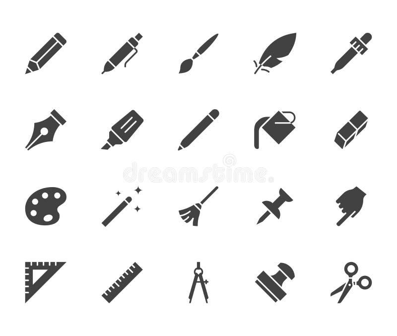 Drawing tools flat glyph icons set. Pen, pencil, paintbrush, dropper, stamp, smudge, paint bucket, vector illustrations