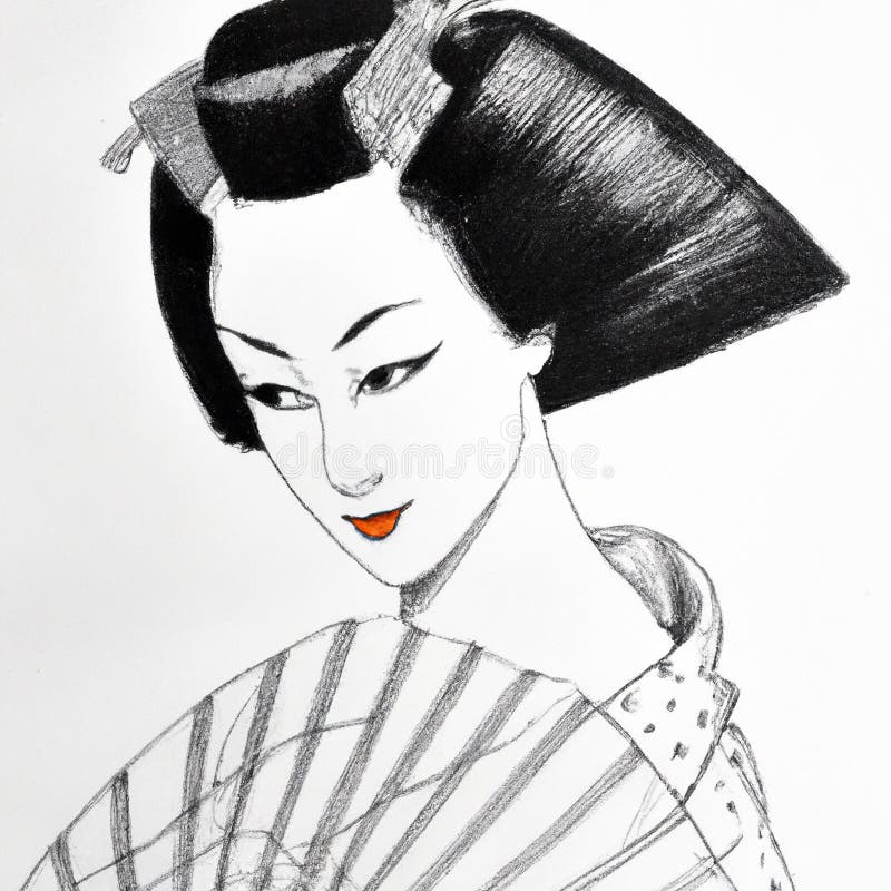 Drawing of a Geisha in the Traditional Japanese Style Stock