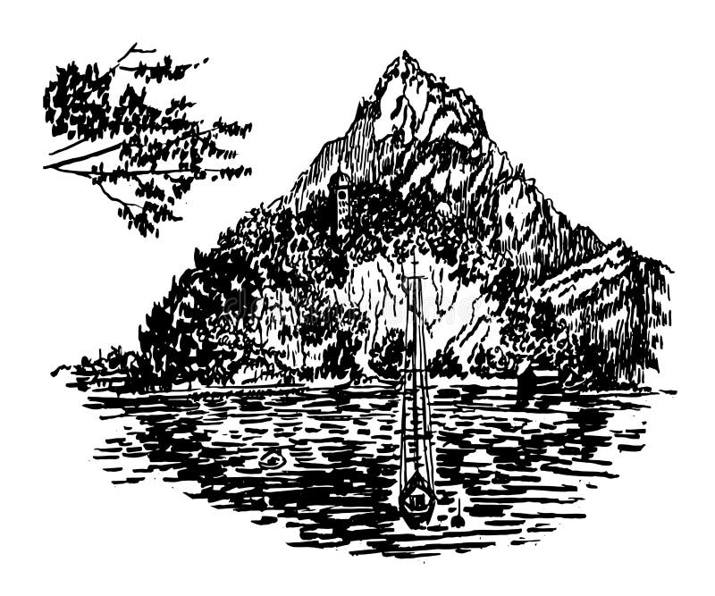 Drawing view of an alpine lake with a beautiful island on a background of mountains illustration vector illustration Drawing view of an alpine lake with a beautiful island on a background of mountains illustration vector illustration
