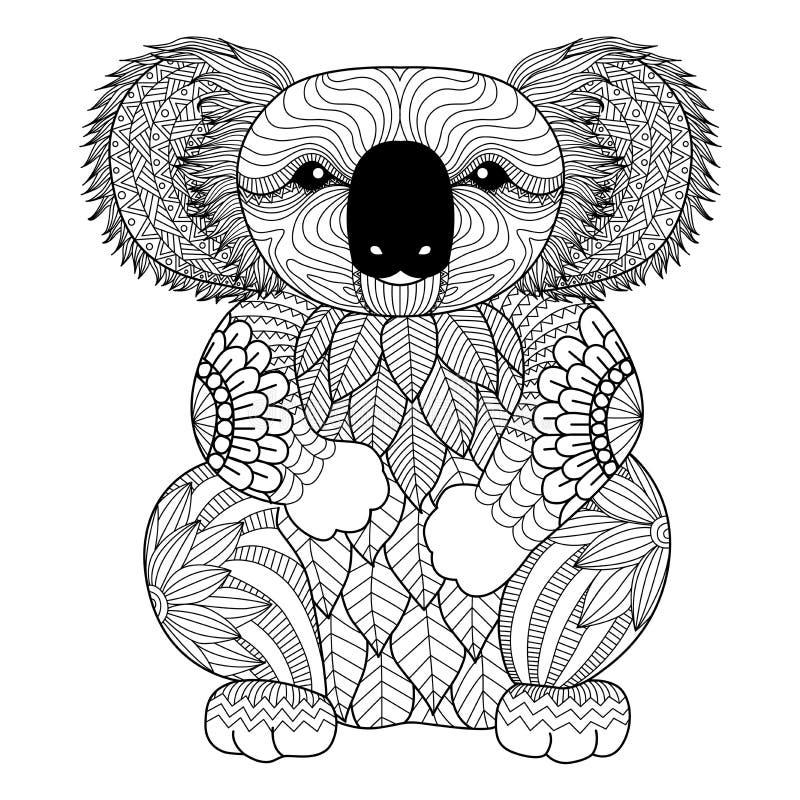 Kreslenie zentangle Koala pre sfarbenie stránky, tričko dizajn účinok, logo, tetovanie a dekorácie.