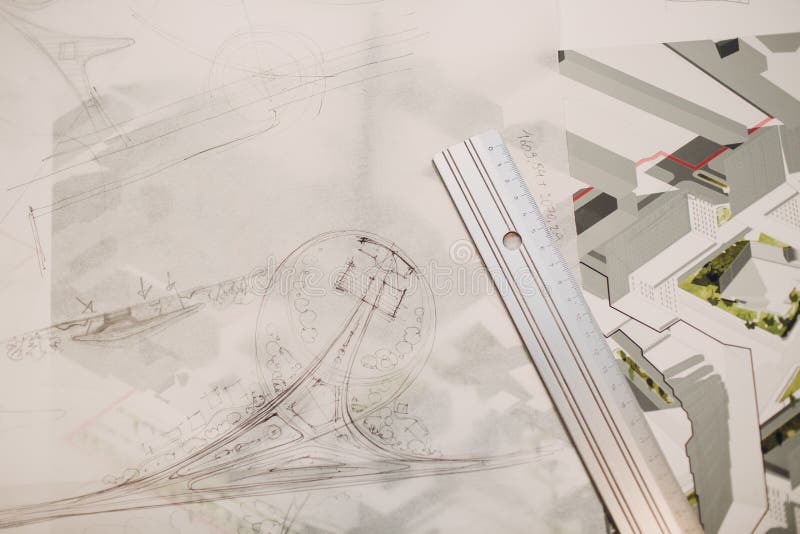 Drawings Blueprints and Layout Design Project at Office Table with
