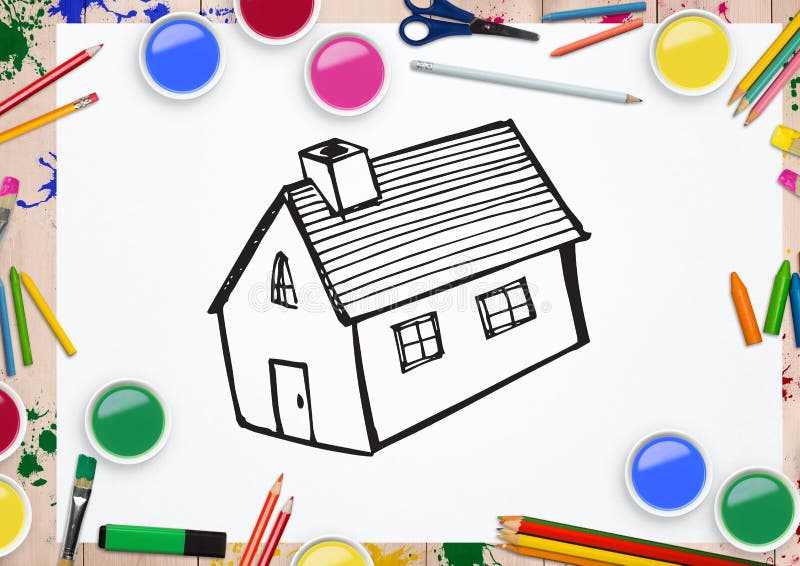 Drawn House Shape on White Paper with Colour Pencils Stock Photo