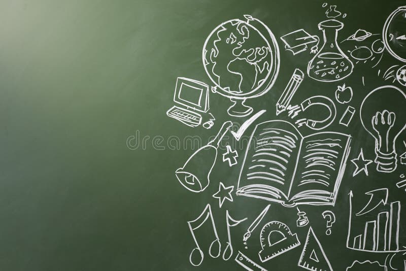 Drawn symbols of school subjects on a chalkboard, copy space