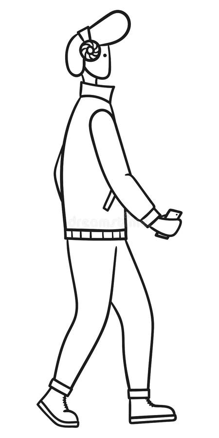 Drawn vector outlined illustration of a man with stylish haircut in bright wireless headphones listening to music stock illustration Drawn vector outlined illustration of a man with stylish haircut in bright wireless headphones listening to music stock illustration