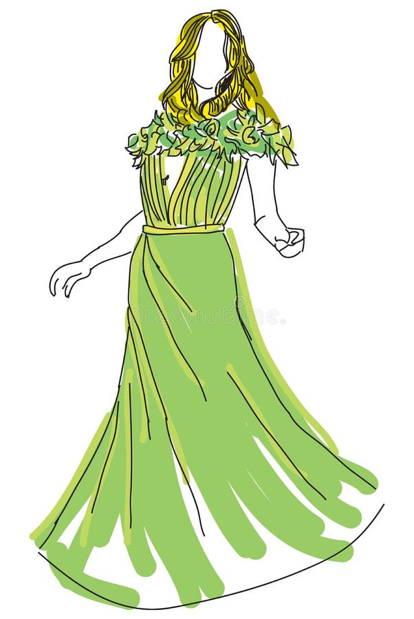 Drawn woman in green dress stock vector. Illustration of dress 58707844