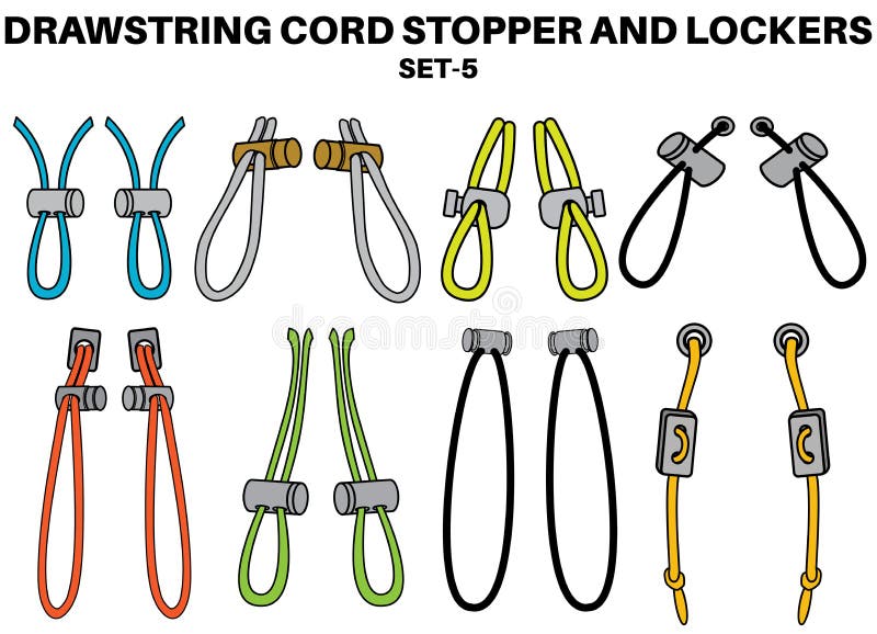 Drawstring Cord Stopper Flat Sketch Vector Illustrator. Set of Draw String  Lock Slider Toggles Fastener for Bags, Back Backs, Stock Vector -  Illustration of grommets, cord: 253130107