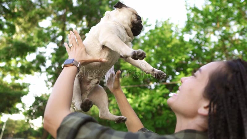 Dreadlocks woman happily throws the dog in the air in the park stock video footage