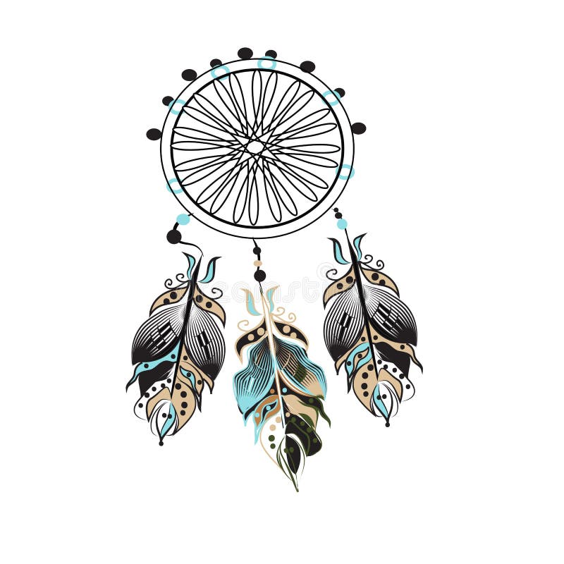Dream catcher decorated with feathers and beads. Hand drawn vector illustration. Silhouette. stock illustration Dream catcher decorated with feathers and beads. Hand drawn vector illustration. Silhouette. stock illustration