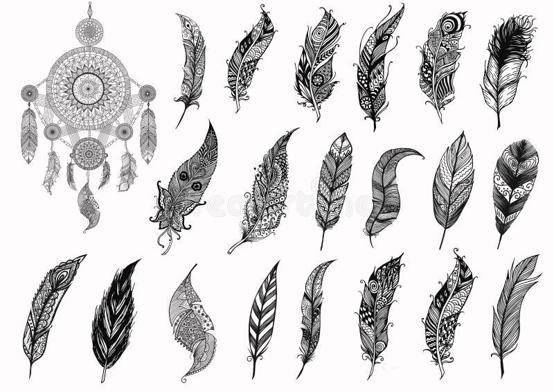 Dream catcher and hand drawn boho feathers for design element and adult coloring book pages - Stock Vector