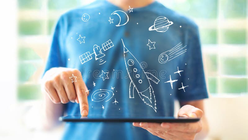 Dream of space and rocket with man using a tablet royalty free stock photo Dream of space and rocket with man using a tablet royalty free stock photo