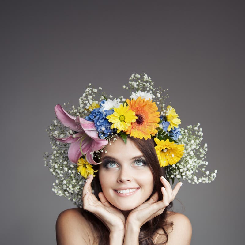 Dreaming Beautiful Woman With Flower Wreath On Her Head Stock Photo Image Of Caucasian