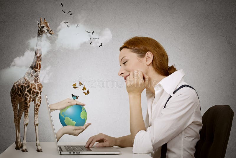 Dreaming woman sitting in front of computer, hands with earth coming from laptop screen royalty free stock photos Dreaming woman sitting in front of computer, hands with earth coming from laptop screen royalty free stock photos
