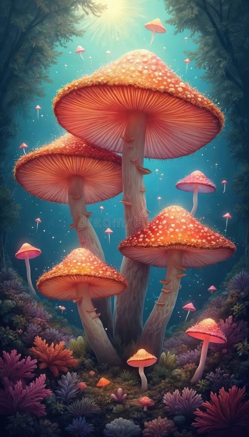 Dreamlike cyfrowy obraz czarującego lasu grzybowego z żywymi świecącymi grzybami mistyczna sztuka fantazja natura. zdjęcia stock