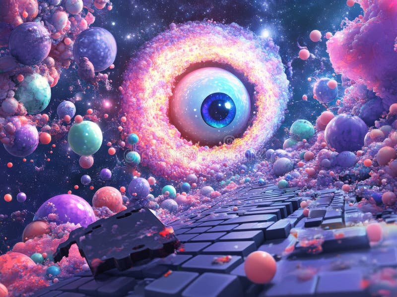A dreamlike depiction of a keyboard key on a computer, framed by abstract forms and surreal details, resulting in a one stock photos