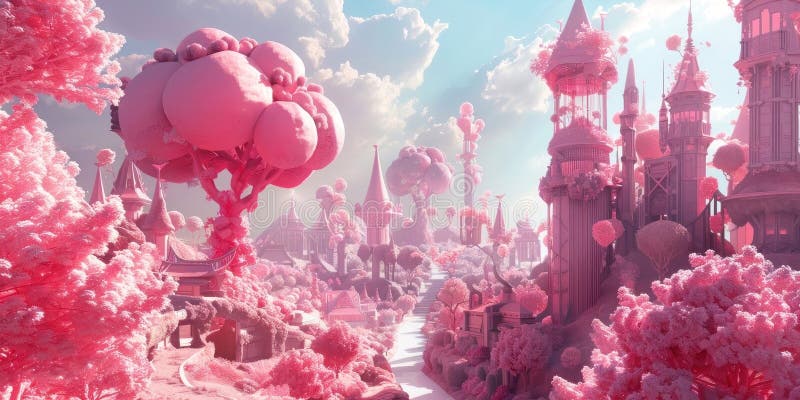 Dreamlike pastel fantasy world with whimsical castles and lush pink trees under a bright blue sky vector illustration