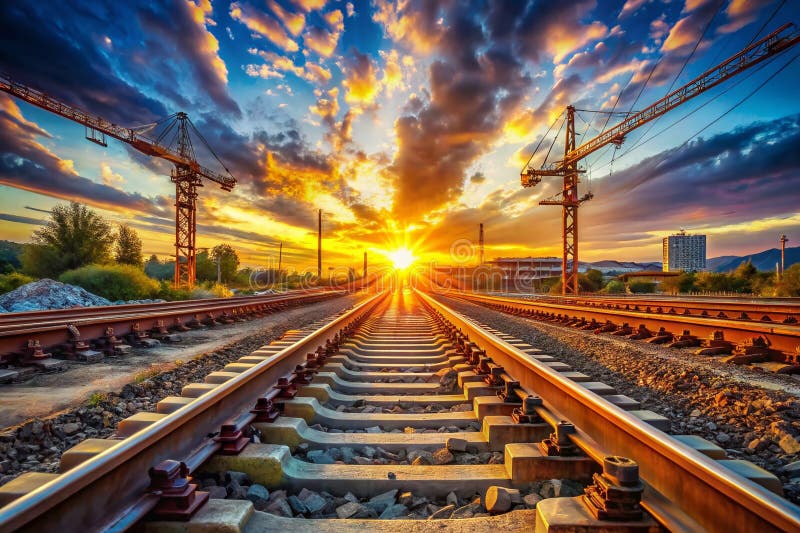 A Dreamlike Railway Construction Sunny Day Point Switch and Track Installation Unveiled in a Surreal Landscape vector illustration