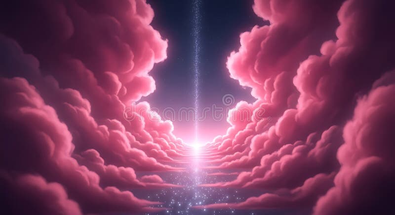 Dreamlike scene featuring deep pink clouds forming a pathway toward a radiant royalty free illustration