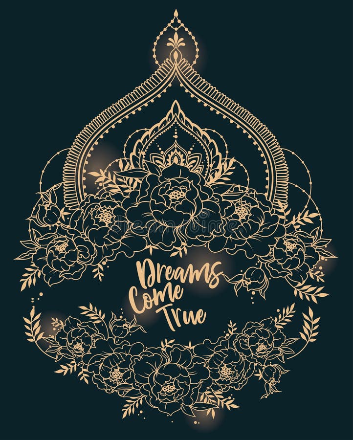 Dreams Come True Poster With Peonies Frame And Mendi Style Deoration Stock Vector Illustration Of Dream Meditation
