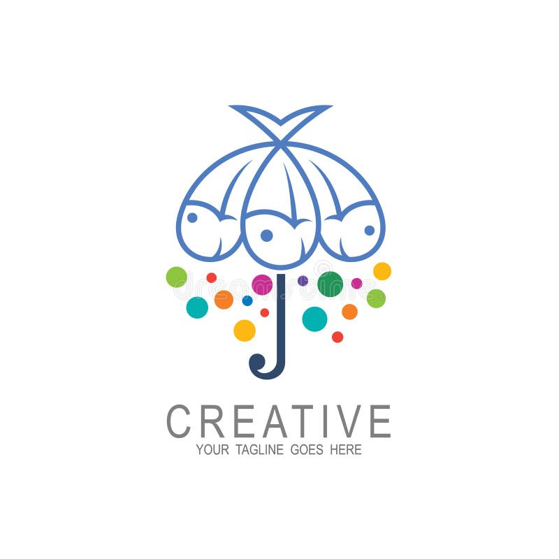 Umbrella logo with a fish icon, Colorful logo template stock illustration
