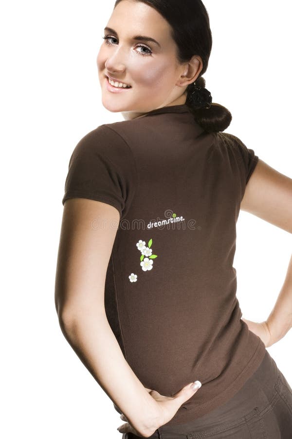 Smiling woman in brown Dreamstime t-shirt