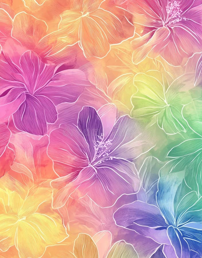 The dreamy atmosphere is created by a pastel watercolor background that features a delicate floral pattern stock image