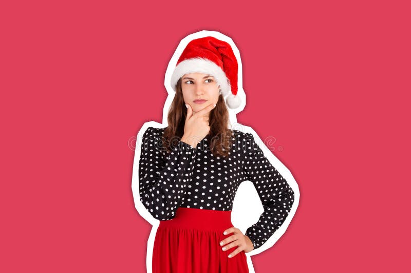Dreamy attractive, thinking and confident young woman in dress, holding palm on cheek and gazing at upper left corner. Magazine royalty free stock photography Dreamy attractive, thinking and confident young woman in dress, holding palm on cheek and gazing at upper left corner. Magazine royalty free stock photography