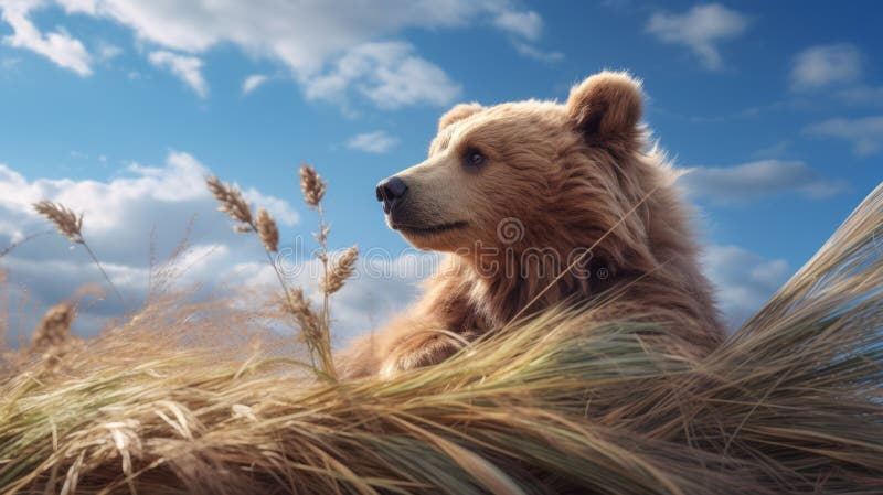 Dreamy Bear Resting In Grass: Photorealistic Rendering Inspired By National Geographic stock illustration