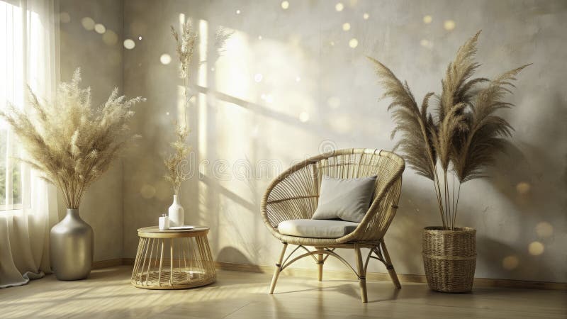 Dreamy Boho Beige Wall Podwójna ekspozycja Wicker Krzesło Wazon i Sunlight Embrace Minimalistyczne Kosmiczne Fotografie Wewnętrzne ilustracja wektor
