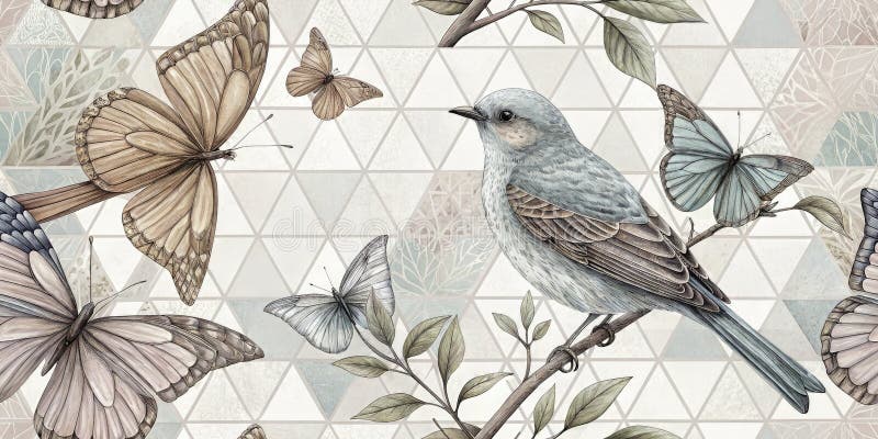 Dreamy Boho Birds Butterflies Minimalistyczne Geometric Wall Art Print for the Serene Stylish Home Featurate Pastel ilustracji