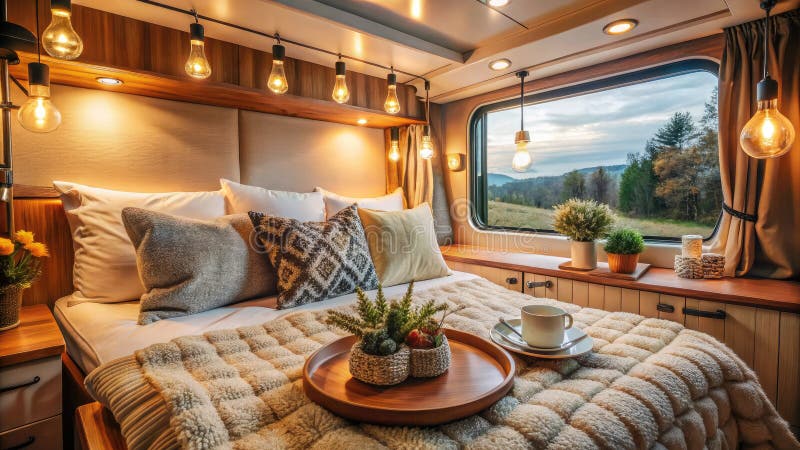 Dreamy Boho Camper : Relaksująca wewnętrzna konstrukcja motocykla dla następnej przygody Camping ilustracja wektor