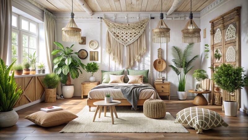 Dreamy Boho Chic Bedroom Stylowa Fotografia Wnętrza, Wyposażona W Naturalne Elementy I Miękkie Oświetlenie Dla Inspiracji ilustracji