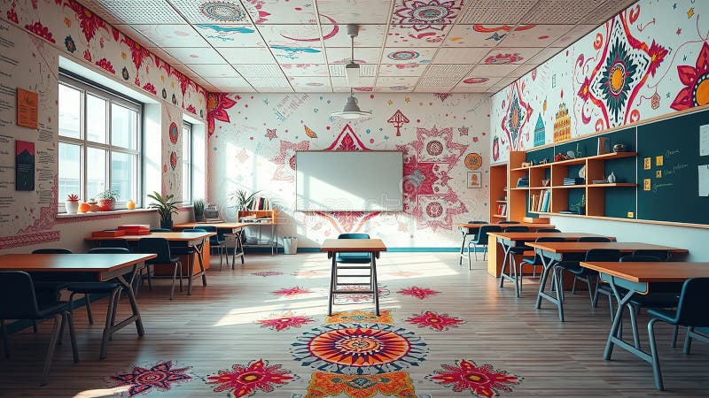 Dreamy Boho Classroom Inspirujące miejsce edukacyjne z Abstrakcyjną Decor kolorowe akcenty i teksturowane ściany royalty ilustracja