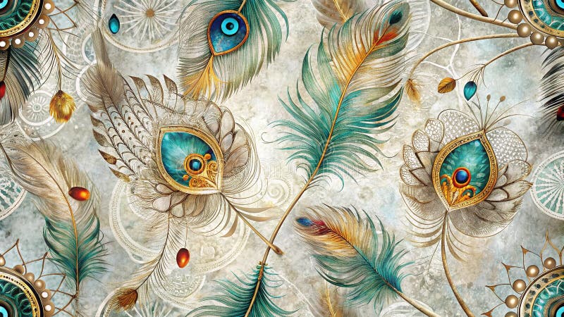 Dreamy Boho Feather Filigree Tapeta Tekstura Romantyczna Wiosna Meadow Fotografia Krajobrazowa Drukuj ilustracja wektor