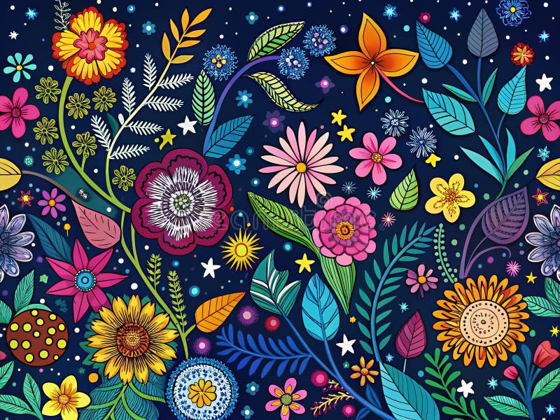 Dreamy Boho Floral Night Sky Podwójne narażenie na ogniskową fuzję Kwiatów Pastelowych Doodles i Kosmiczna Noc Idealna royalty ilustracja
