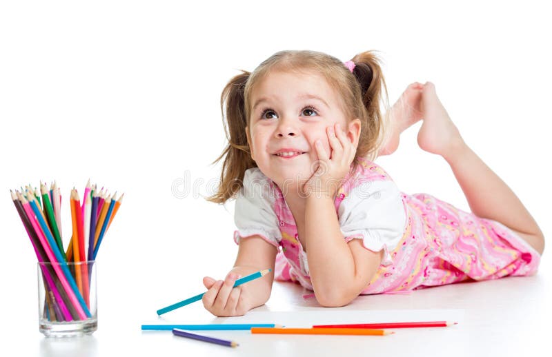 Dreamy child girl with pencils