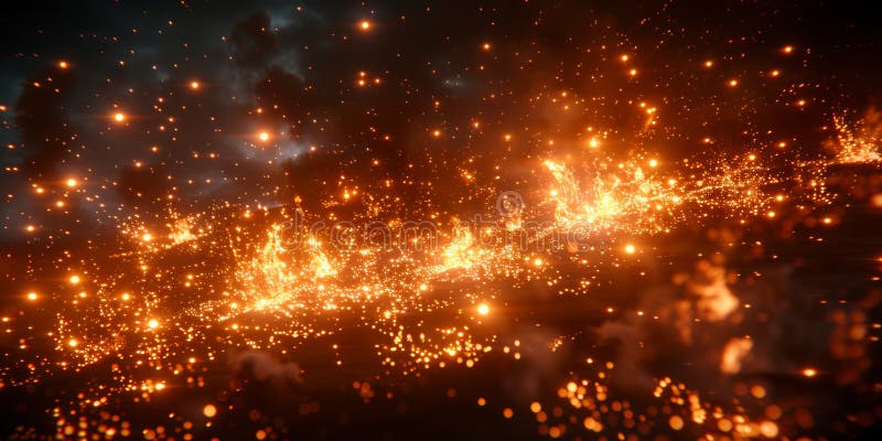 Dreamy cosmic landscape filled with floating embers and sparks, illuminating the dark night sky with a surreal glow royalty free stock images