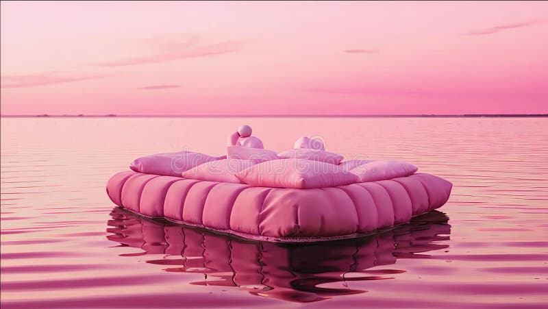 A dreamy 3D visualization shows a pink inflatable raft floating on a calm, reflective sea at sunset, surrounded by soft royalty free stock image