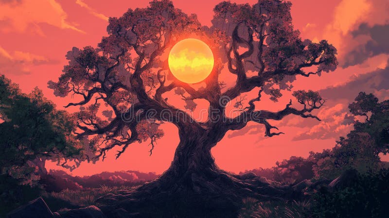 Dreamy Fantasy Landscape: Mystical Sun Behind Ancient Tree royalty free illustration