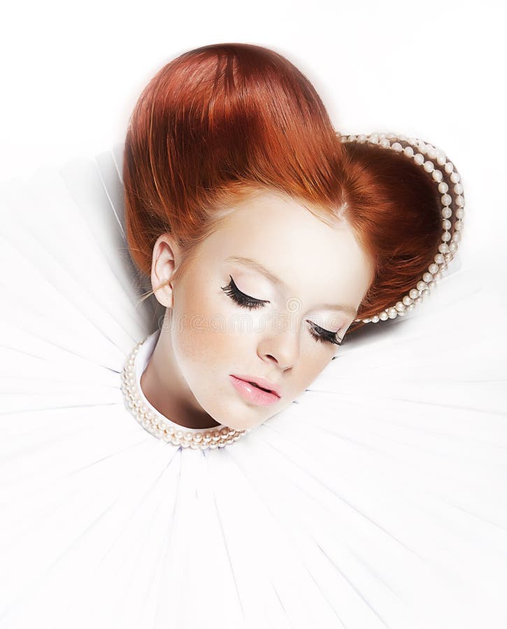 Dreamy female - red head freckled girl with pearls stock photos Dreamy female - red head freckled girl with pearls stock photos