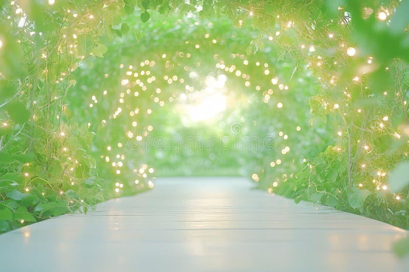A dreamy, illuminated archway of lush greenery and glowing fairy lights, creating a magical garden path. royalty free stock photography