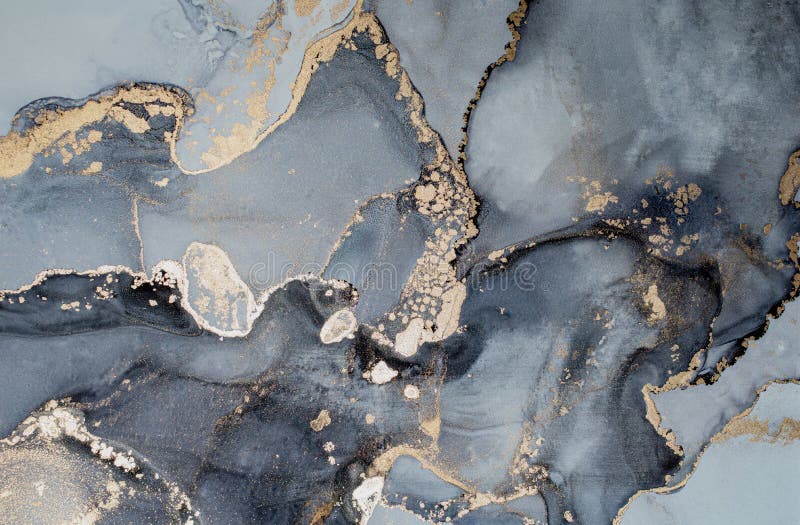 High resolution. Luxury abstract fluid art painting in alcohol ink technique, mixture of gray, black gold paints. stock illustration